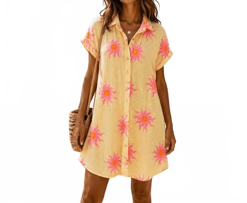 NEW LOOWIE women's cotton sun print shirt dress in yellow